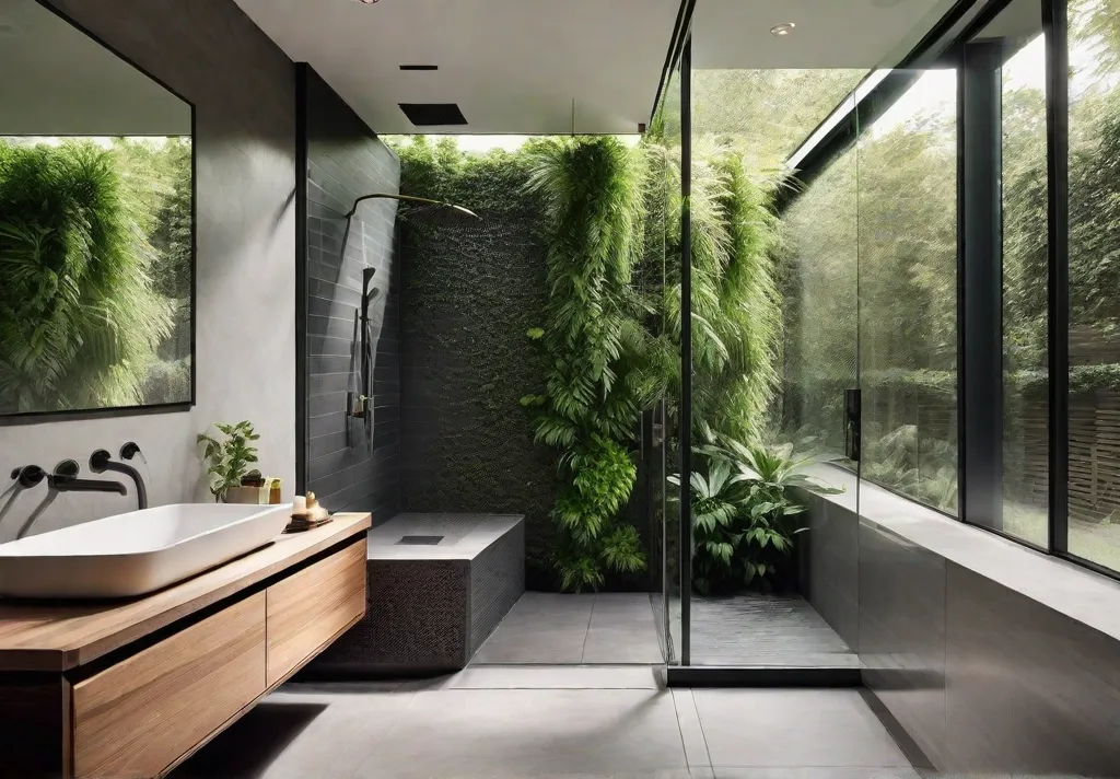 A modern bathroom with a spacious walk in shower featuring a rainfall showerhead