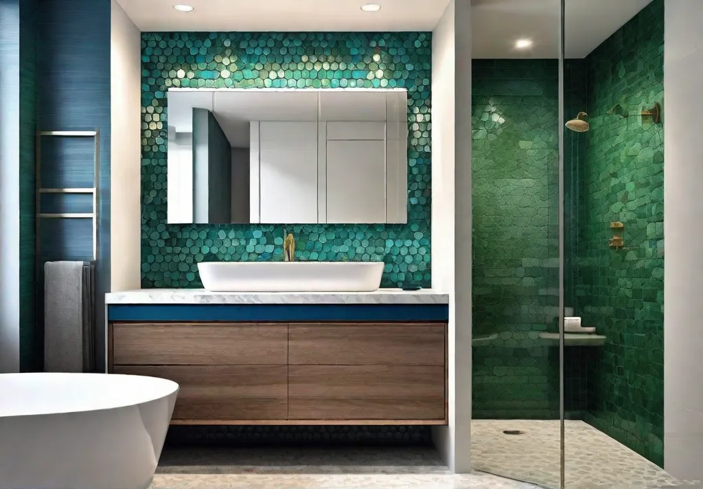 A modern bathroom with a spacious walk in shower featuring a stunning mosaic tile accent wall