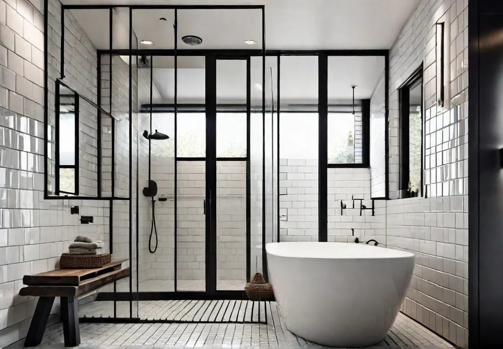 A modern bathroom with a walk in shower featuring a glass enclosure