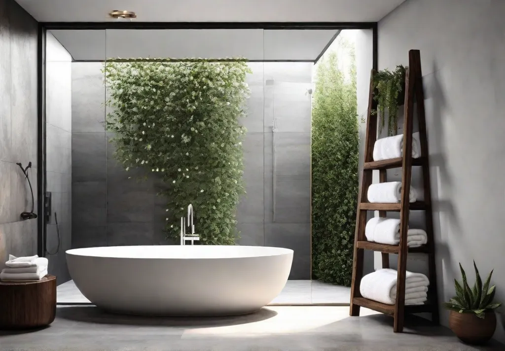 A modern bathroom with a wall mounted towel ladder made of dark wood