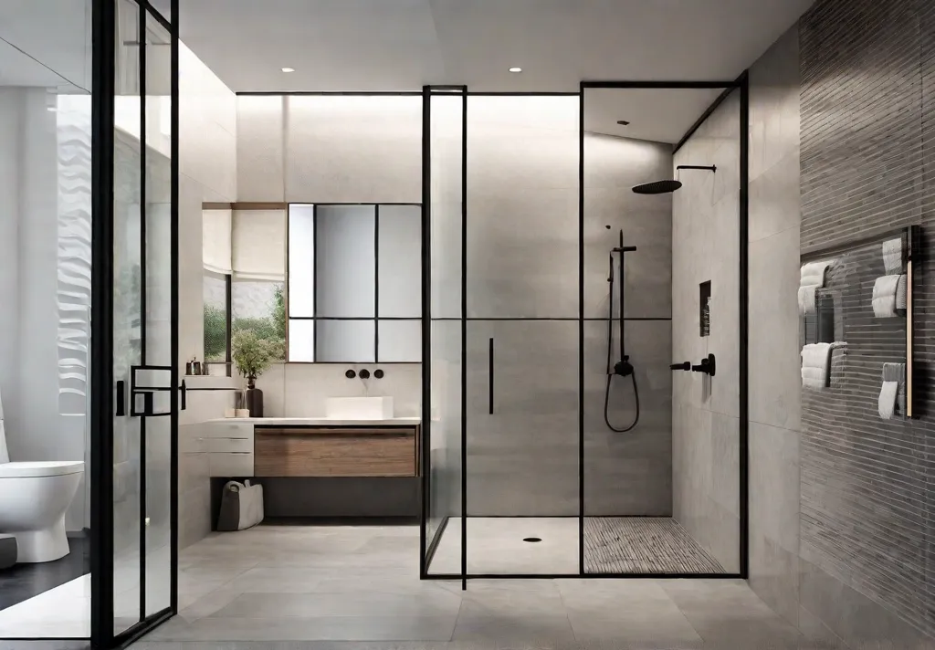 A modern bathroom with an open shower featuring a glass partition