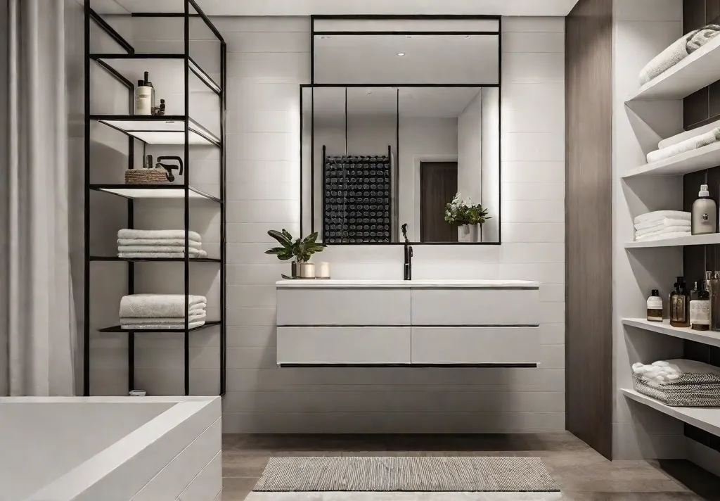 A modern bathroom with sleek white floating shelves installed above the toilet and the bathroom mirror