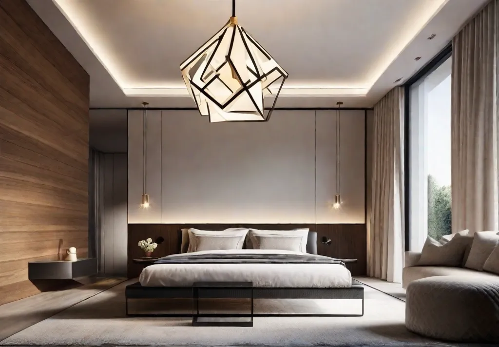 A modern bedroom with an oversized geometric pendant light hanging from the