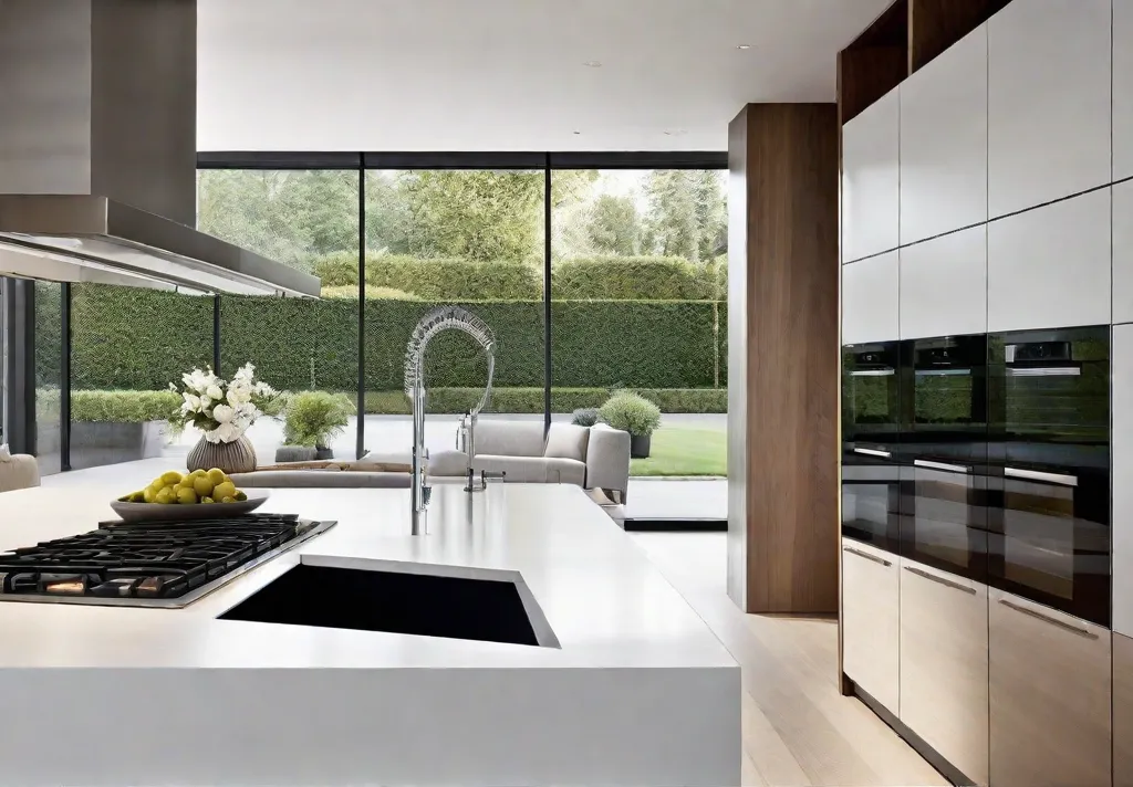 A modern kitchen featuring sleek stainless steel bar pulls on minimalist cabinetry