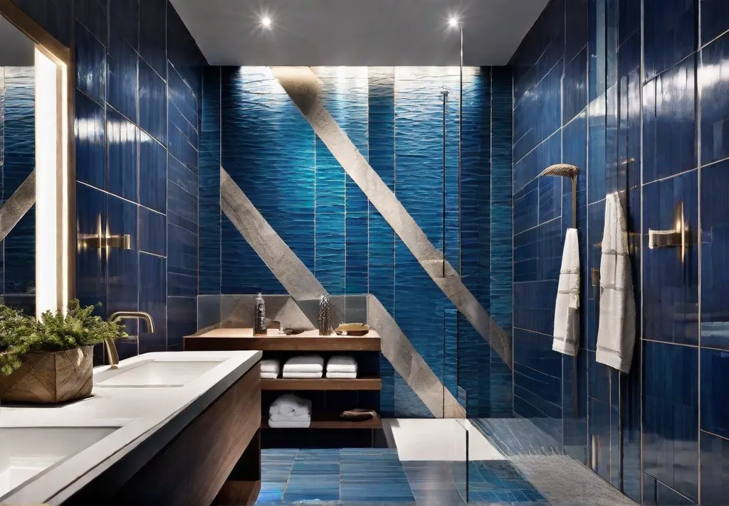 A modern shower with vibrant blue tiles