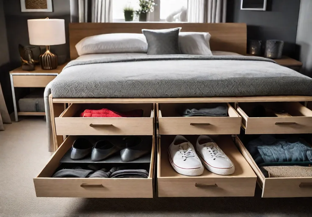 A neatly organized underthebed storage area featuring rolling drawers filled with neatly