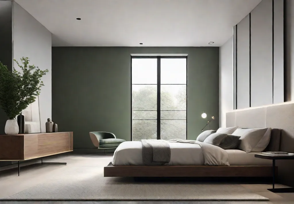 A panoramic image of a minimalist bedroom featuring a monochromatic neutral palette