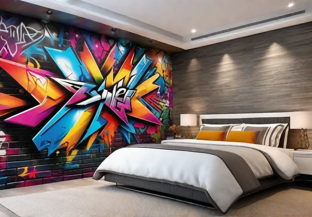 A panoramic view of a bedroom with a graffitistyle wall mural depicting