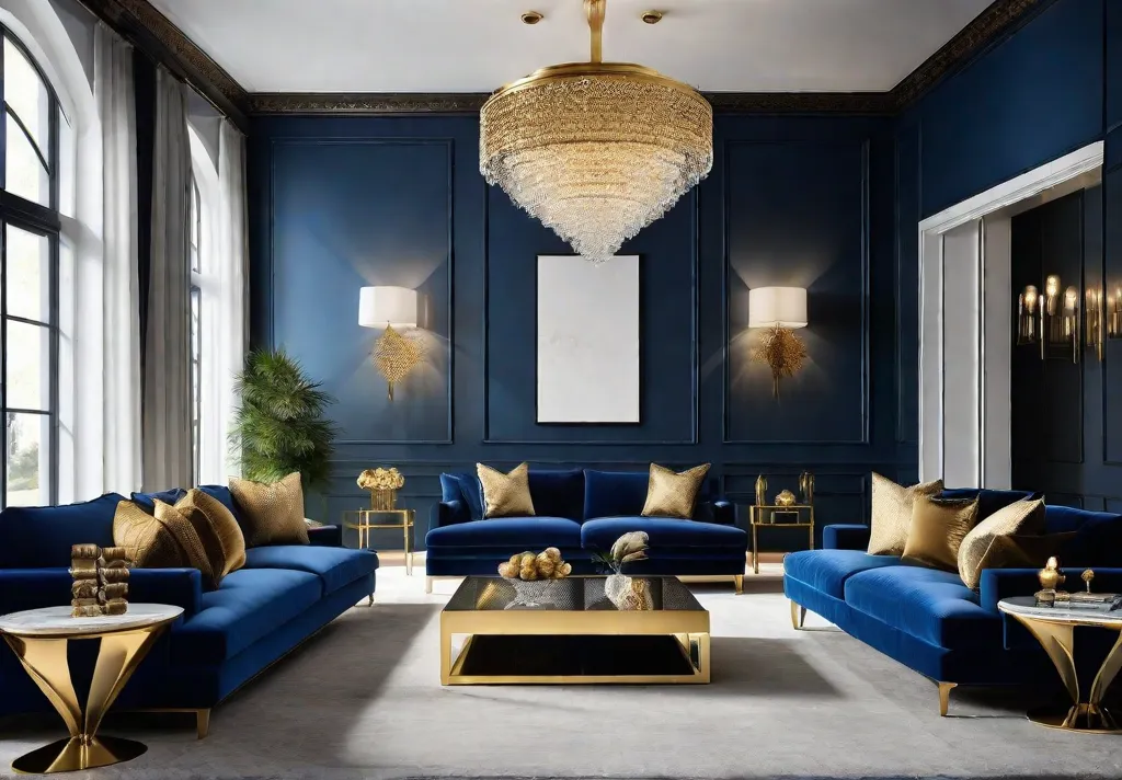 A panoramic view of a spacious living room bathed in deep blue