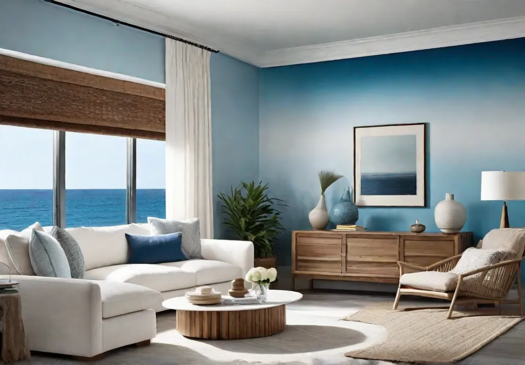 A peaceful living room transition from a deep sea blue to a soft sky blue on an ombre painted wall
