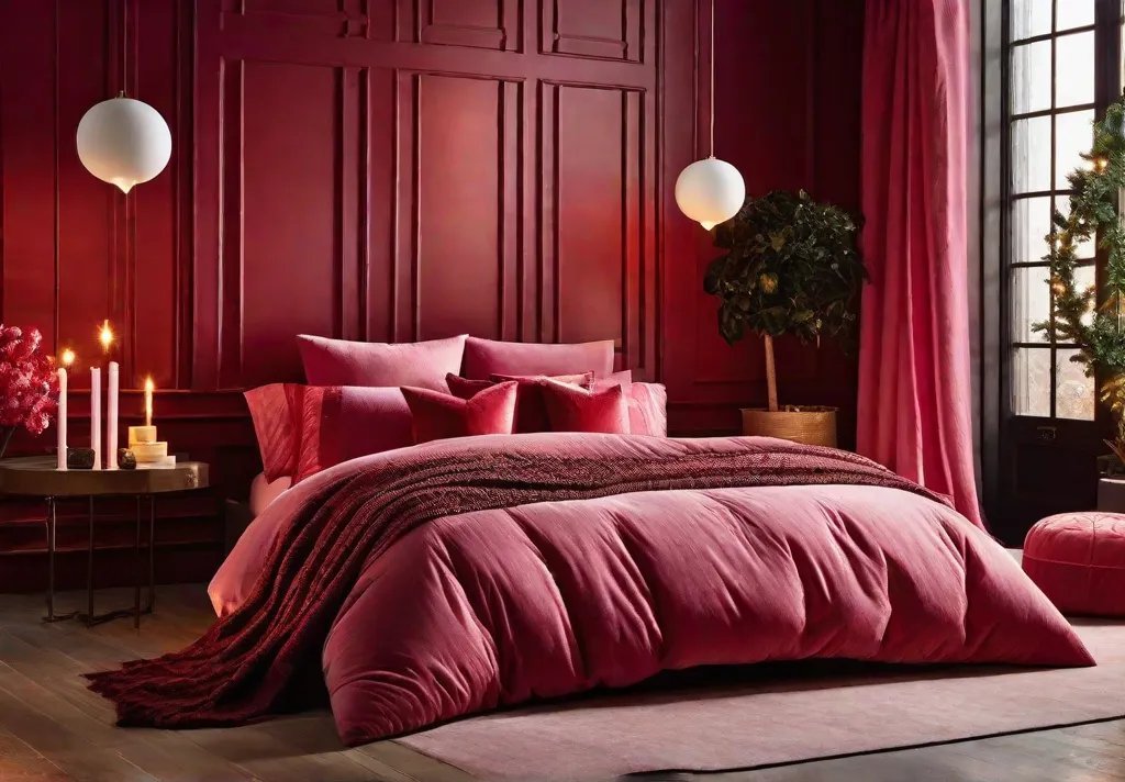 A playful and passionate bedroom setting where layers of plush throws and 1