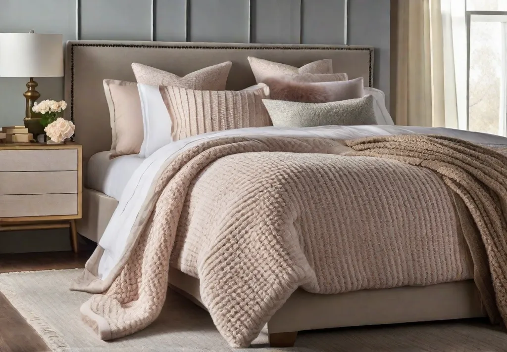 A plush layered bedding setup featuring soft pastelcolored linen fluffy pillows and