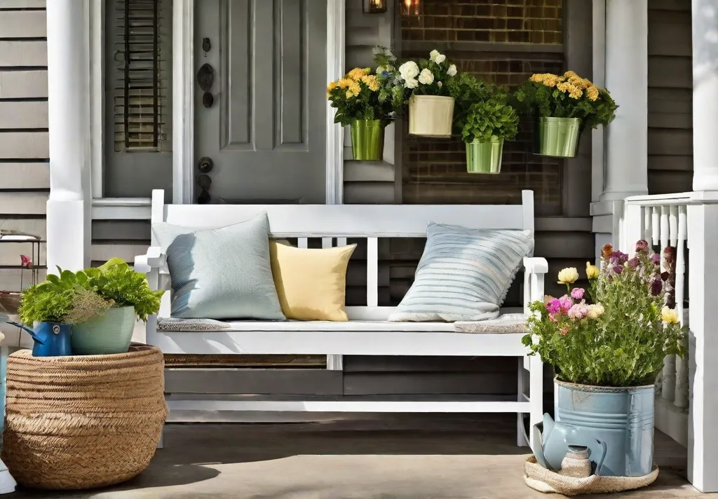 A quaint cottage style front porch with a white wooden bench