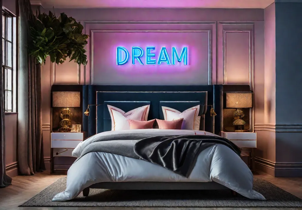 A quirky bedroom featuring a large custom neon sign above the bed