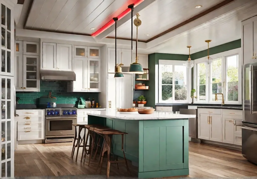 A retro inspired kitchen featuring a bold