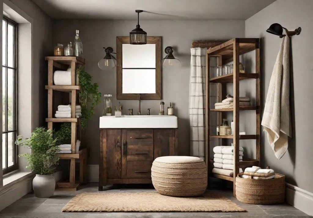 A rustic bathroom interior with repurposed items as decor