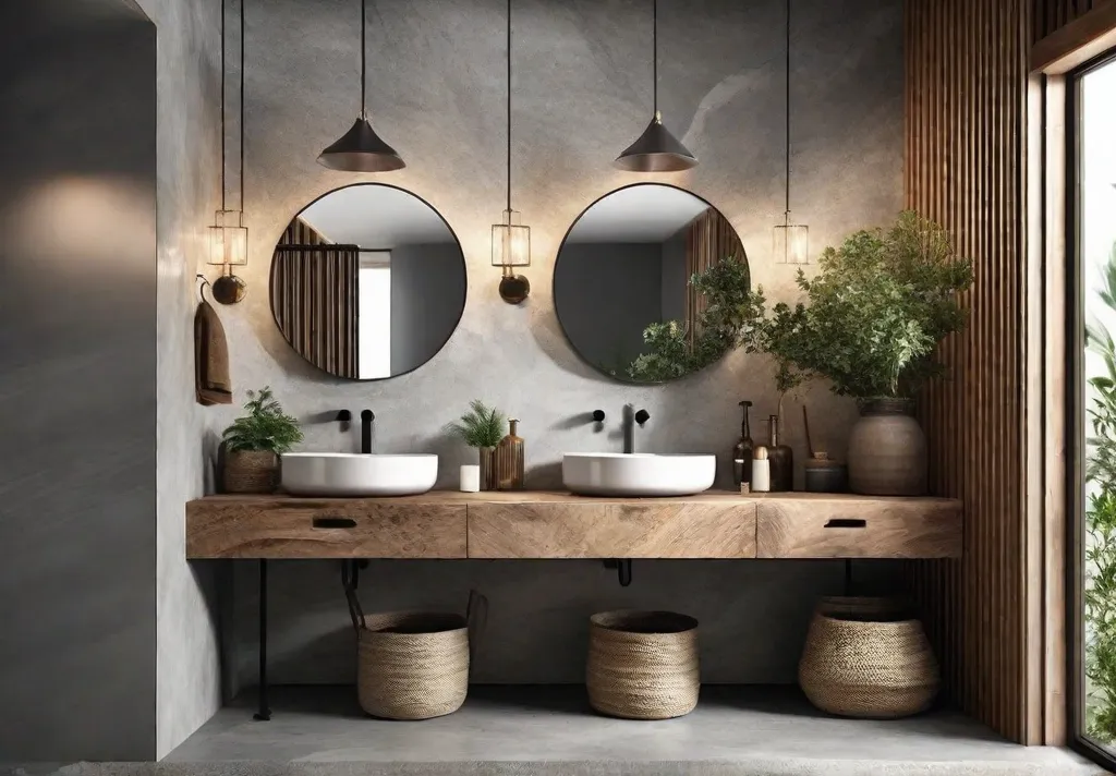 A rustic bathroom with a wood vanity