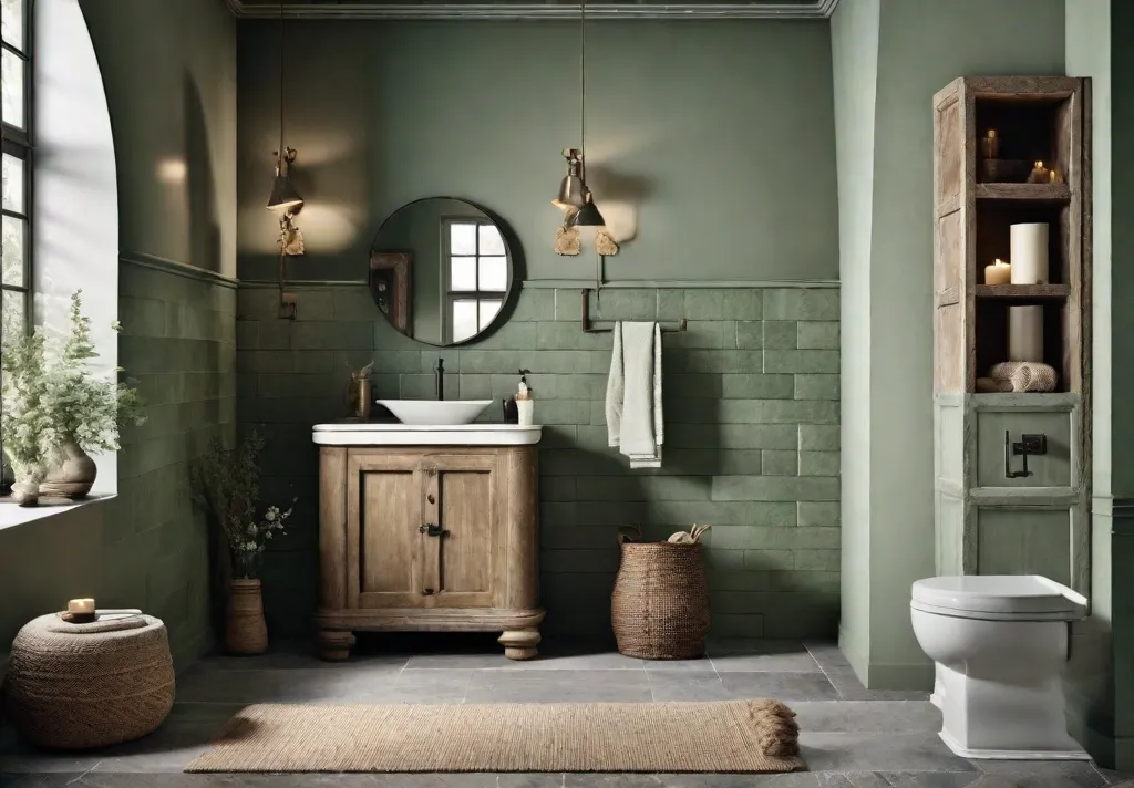 A rustic bathroom with a wooden vanity unit