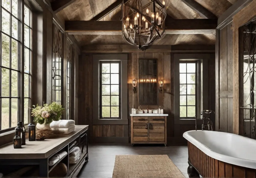 A rustic bathroom with a wrought iron chandelier with Edison bulbs hanging over a clawfoot bathtub