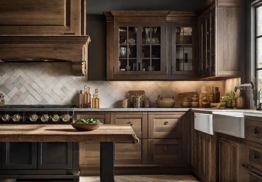 A rustic kitchen scene with cabinets adorned with wrought iron handles showcasing