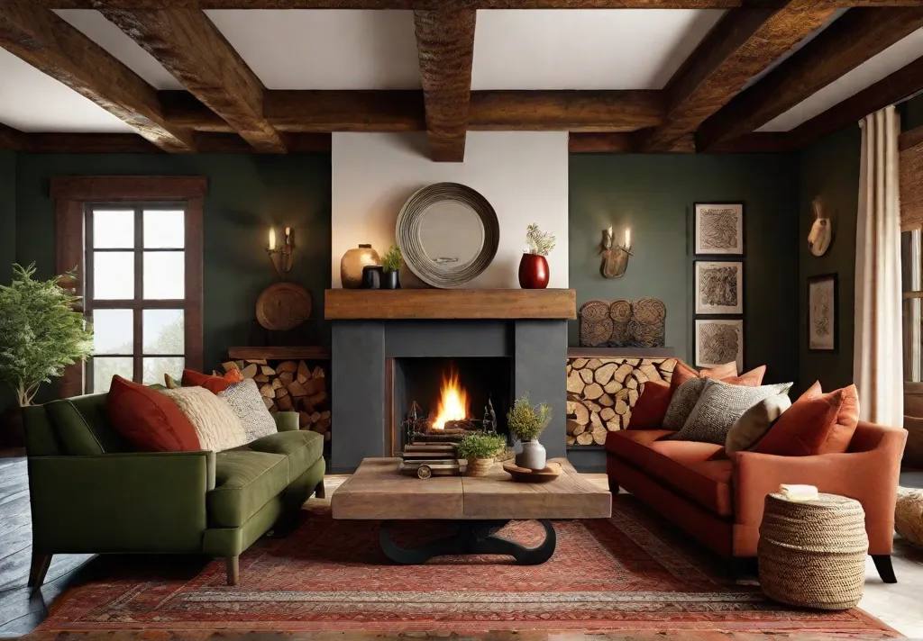 A rustic themed living room showcasing olive green walls paired with rust red decorative elements. Wooden beams