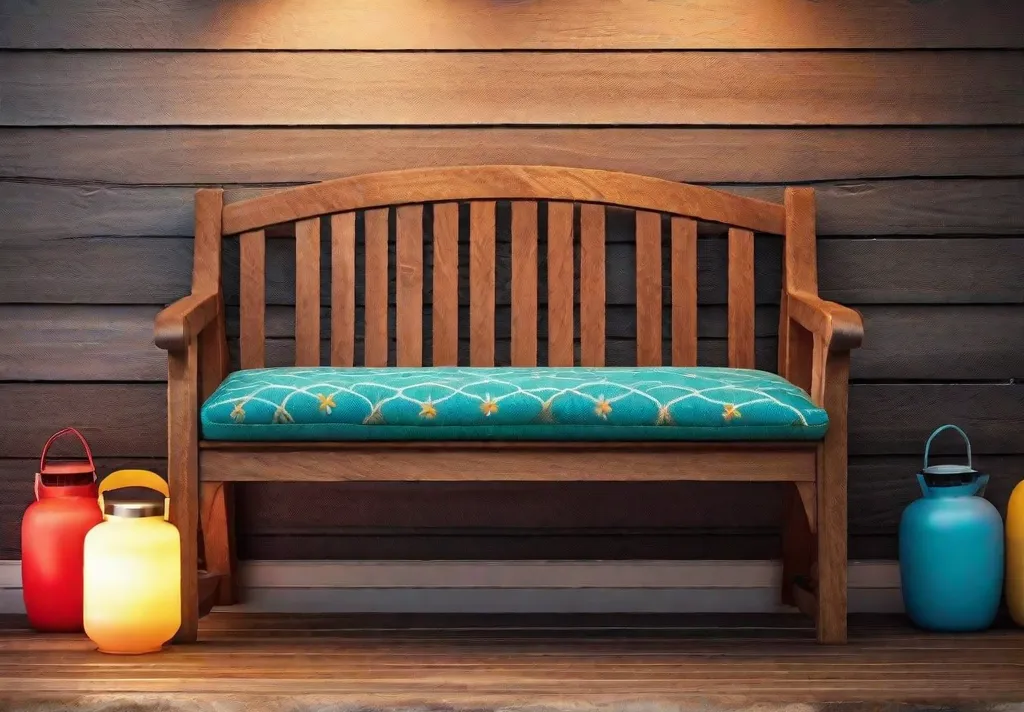 A rustic wooden bench adorned with colorful throw pillows