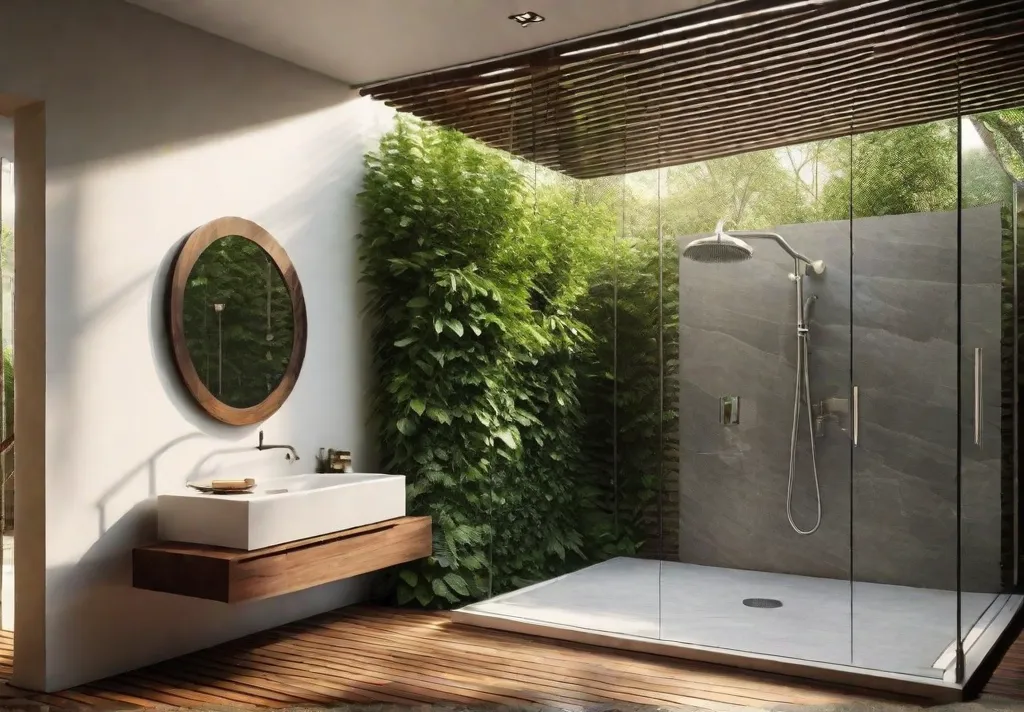 A secluded outdoor shower surrounded by lush greenery