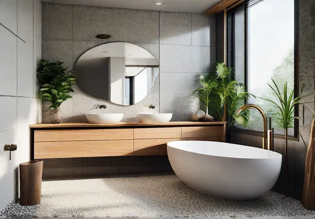 A serene Zen inspired bathroom with pebble tiles on the floor and shower walls