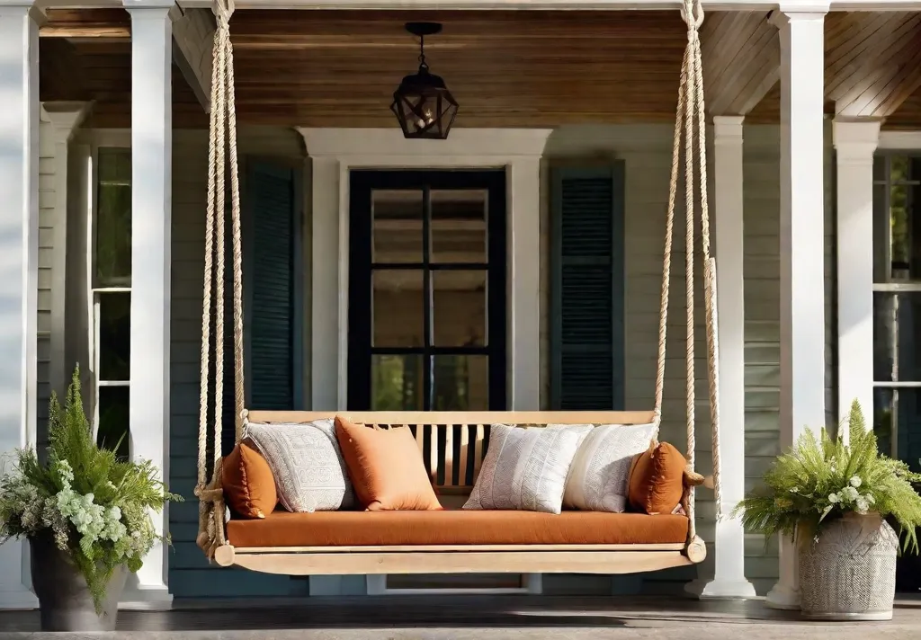 A serene afternoon scene showcasing a handcrafted porch swing