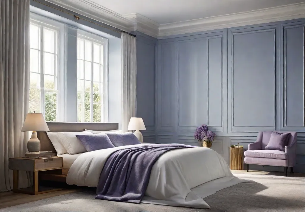 A serene and calming bedroom with blue walls