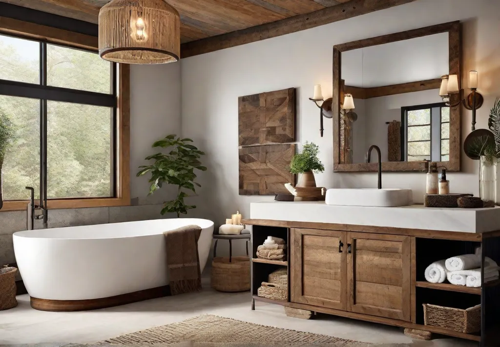 A serene and inviting rustic bathroom retreat with warm