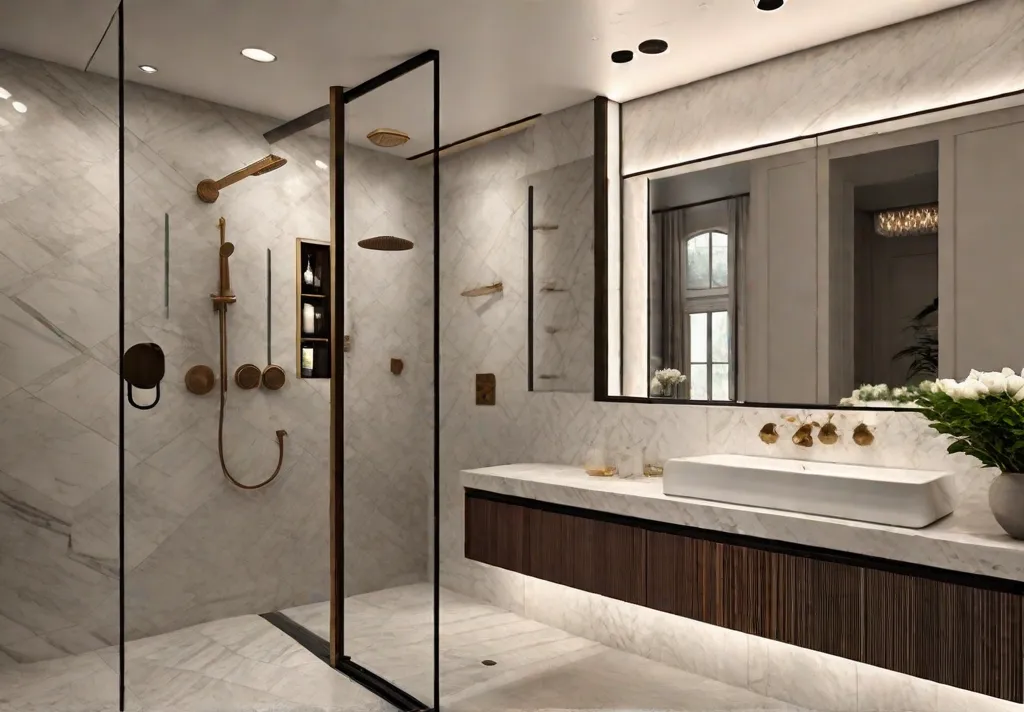 A serene and modern bathroom featuring a spacious walk in shower with a rainfall showerhead