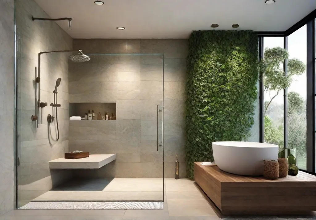 A serene and spa like shower with a built in bench made of natural stone