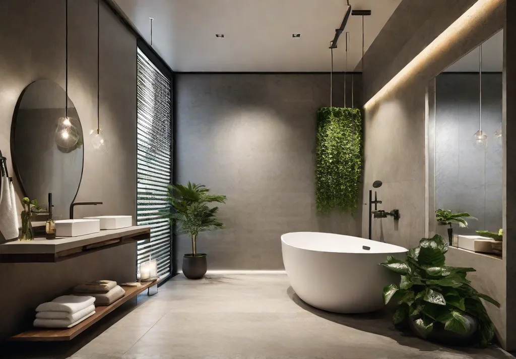 A serene bathroom with a rainfall showerhead installed on the ceiling