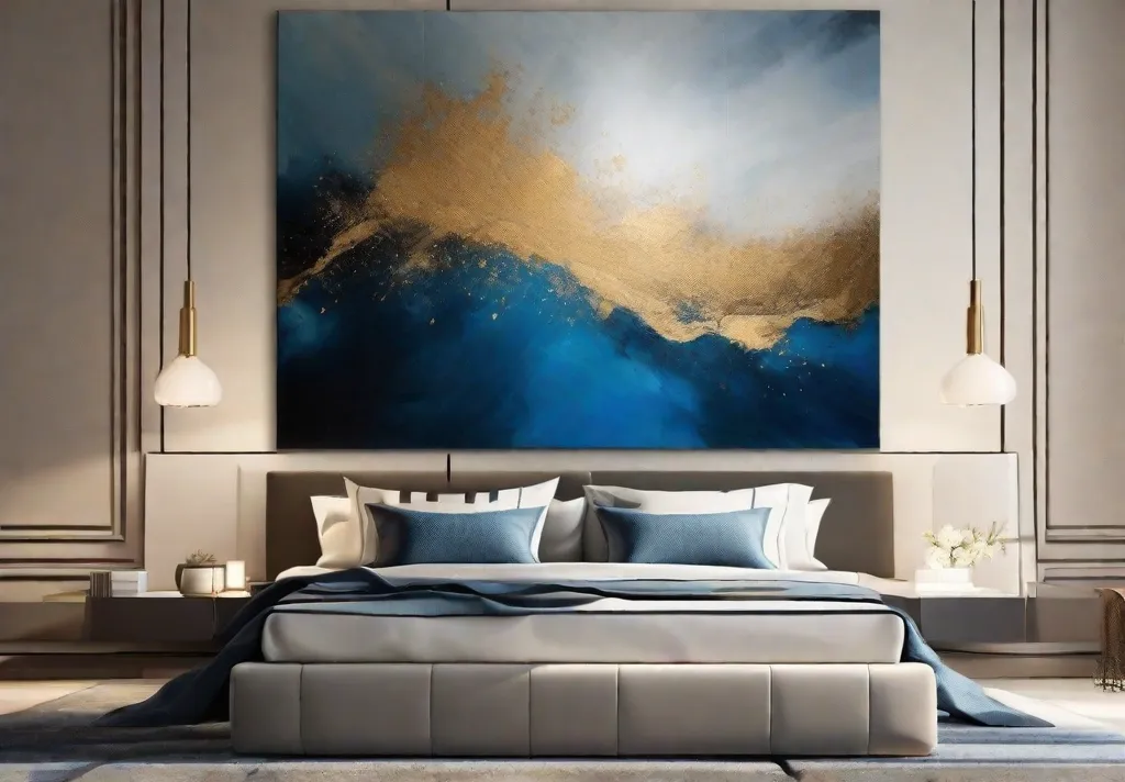 A serene bedroom featuring a large abstract painting above the bed with