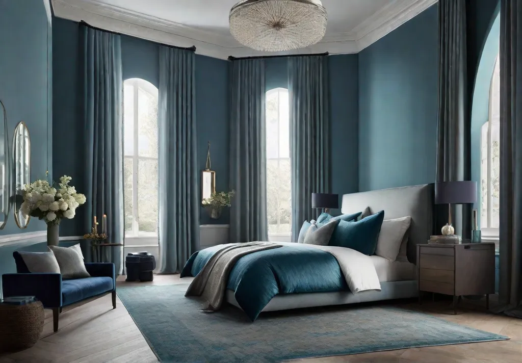 A serene bedroom palette featuring walls painted in soft pastel blues accented