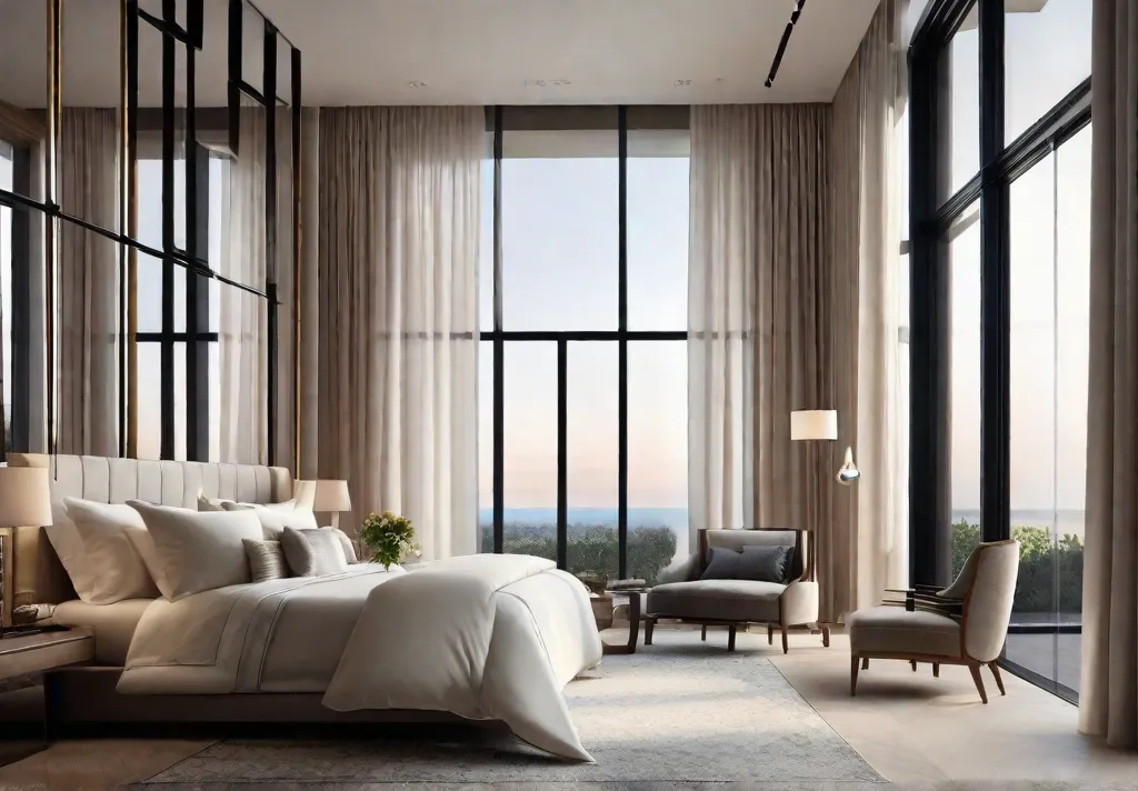 A serene bedroom setting with large windows dressed in sheer curtains allowing