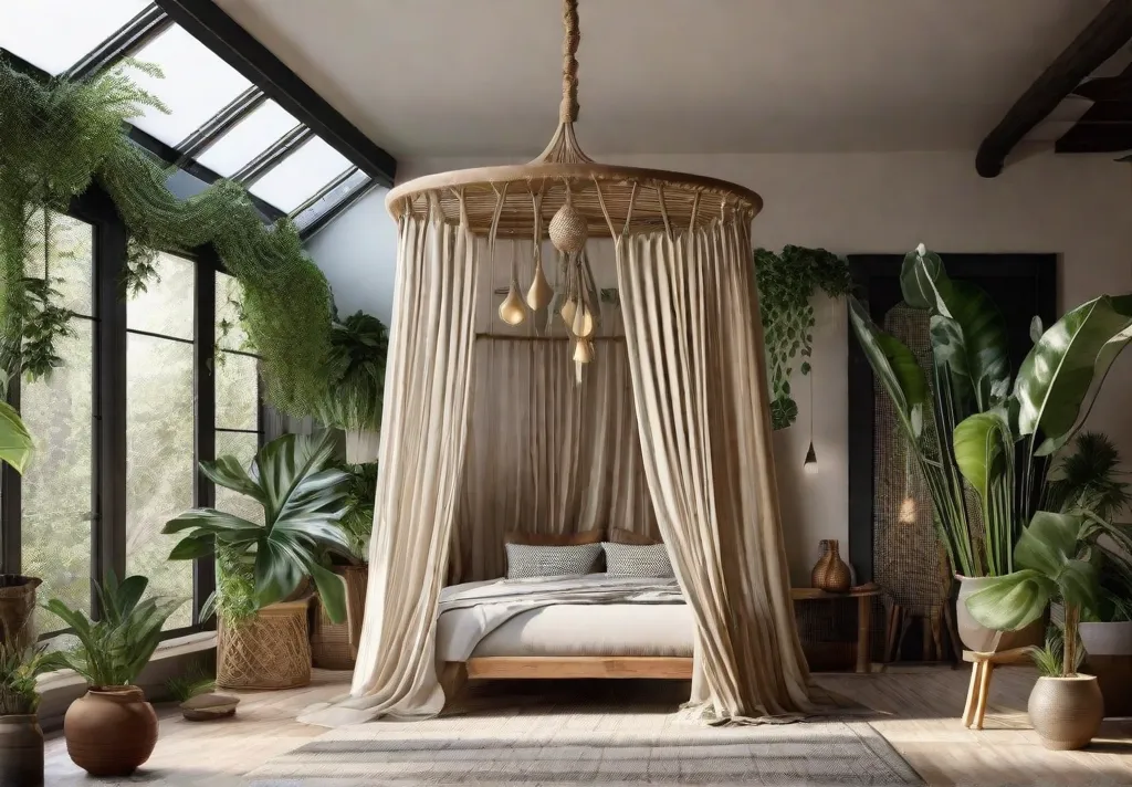 A serene boho bedroom featuring a canopy bed draped with sheer flowing