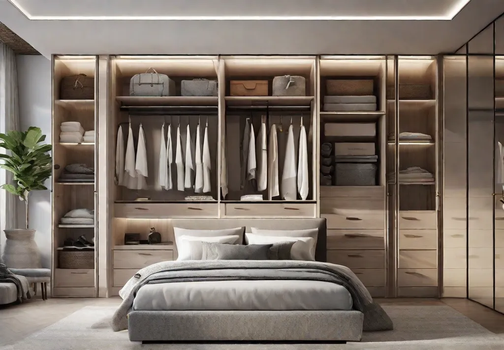 A serene clutterfree bedroom highlighting smart storage solutions with builtin closet organizers