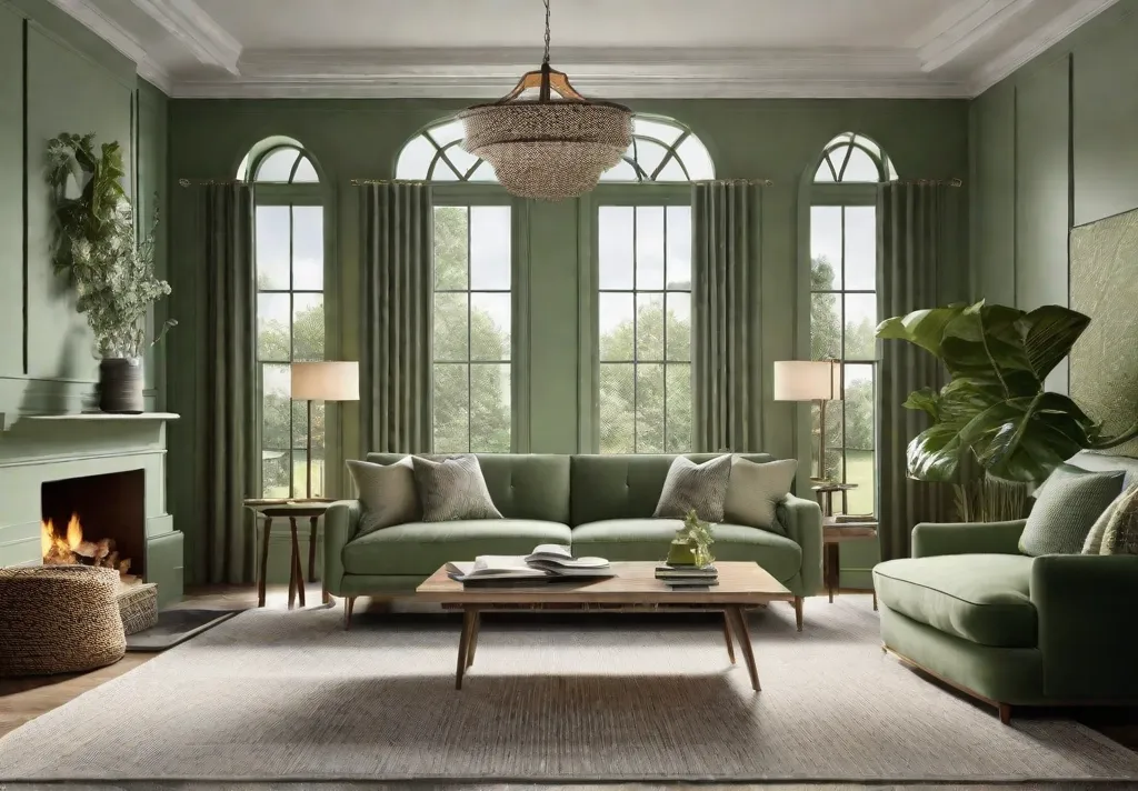 A serene living room setup emphasizing the tranquil sage green walls