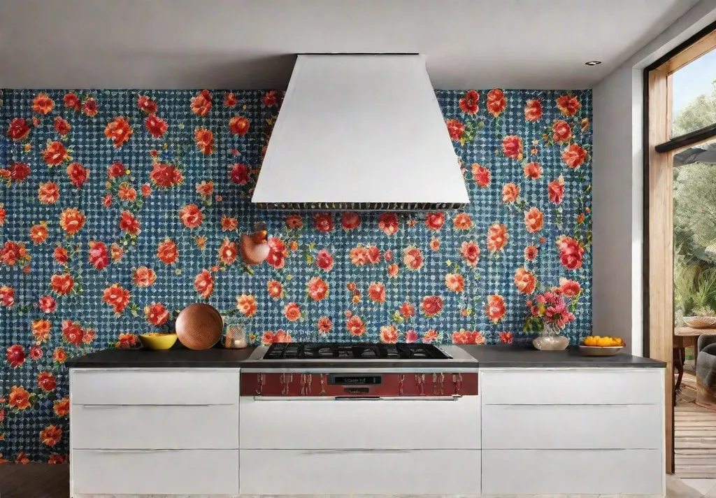 A series of before and after photos illustrating how a dull kitchen space was transformed with the addition of a bright and bold floral textile hanging