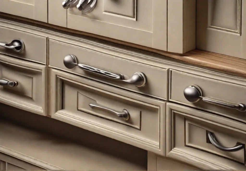 A set of various kitchen cabinet hardware options knobs pulls handles laid