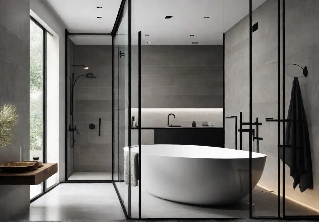 A sleek and modern bathroom with a frameless glass shower enclosure