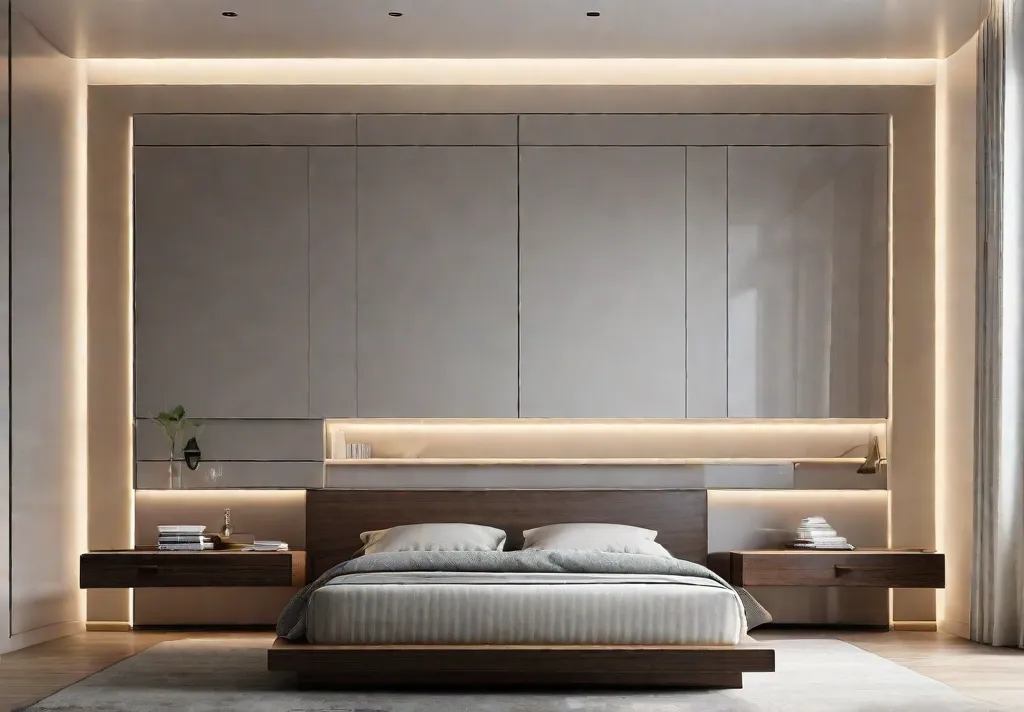 A sleek minimalist bedroom featuring underbed drawers creatively arranged floating shelves and