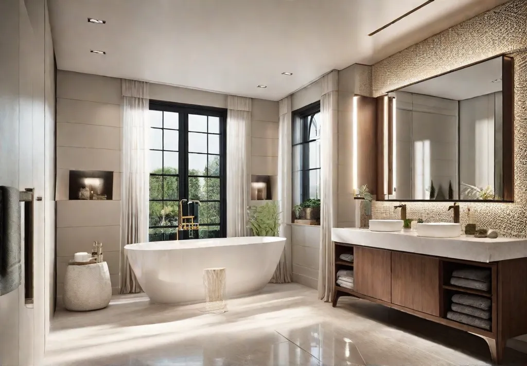 A small bathroom with a light colored tile and a large mirror