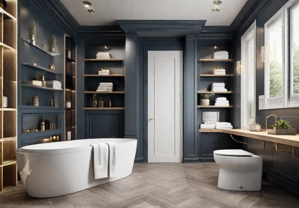 A small bathroom with creative storage solutions