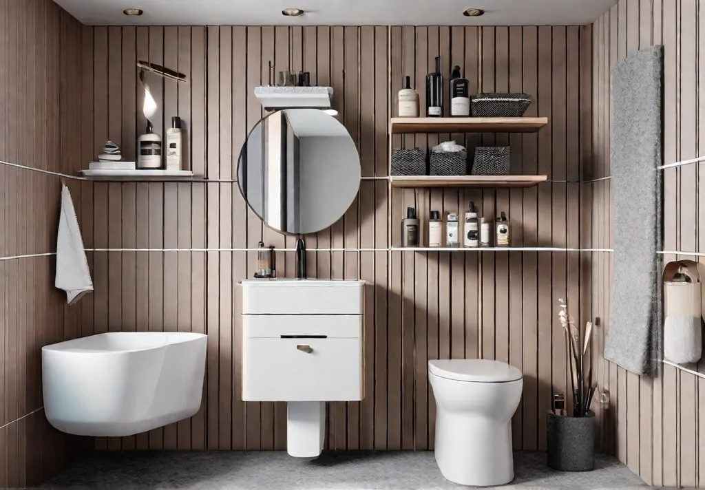 A small bathroom with floating shelves above the toilet