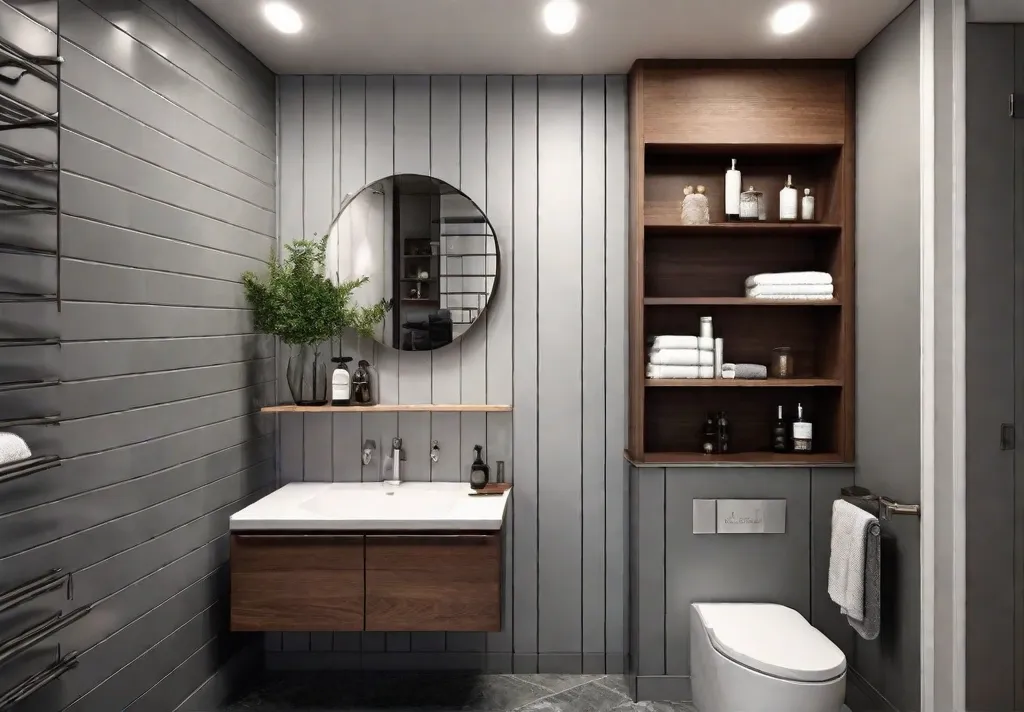 A small bathroom with floating shelves