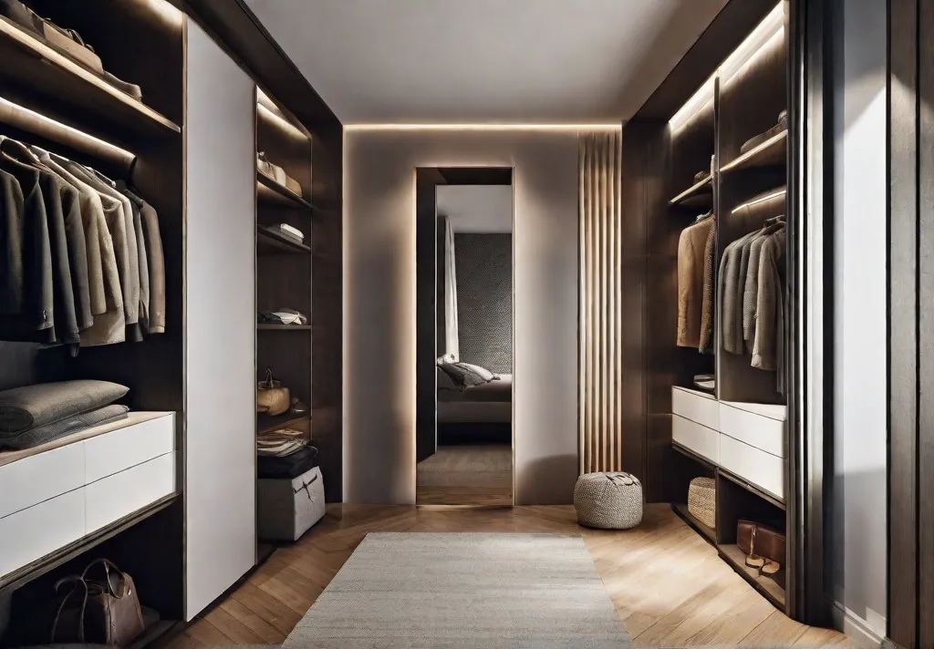 A small bedroom creatively using vertical space with ceilingmounted shelves near the