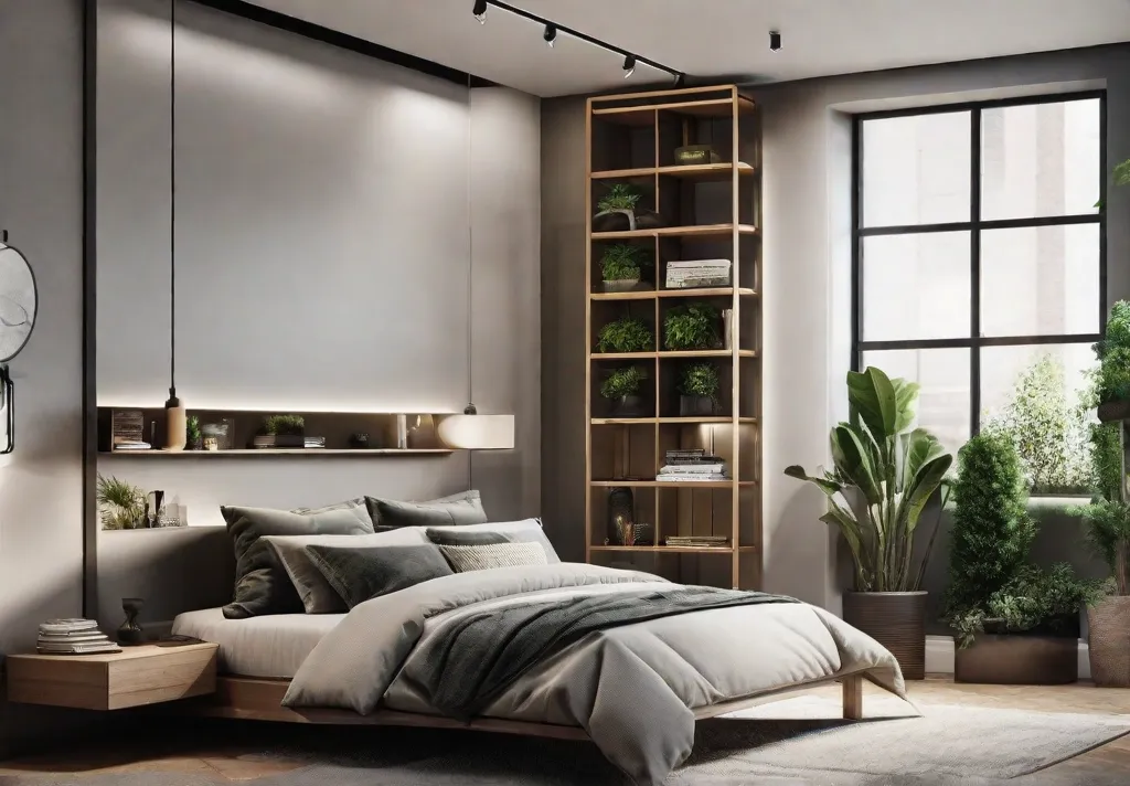 A small but modern bedroom corner utilizing every inch with floating corner